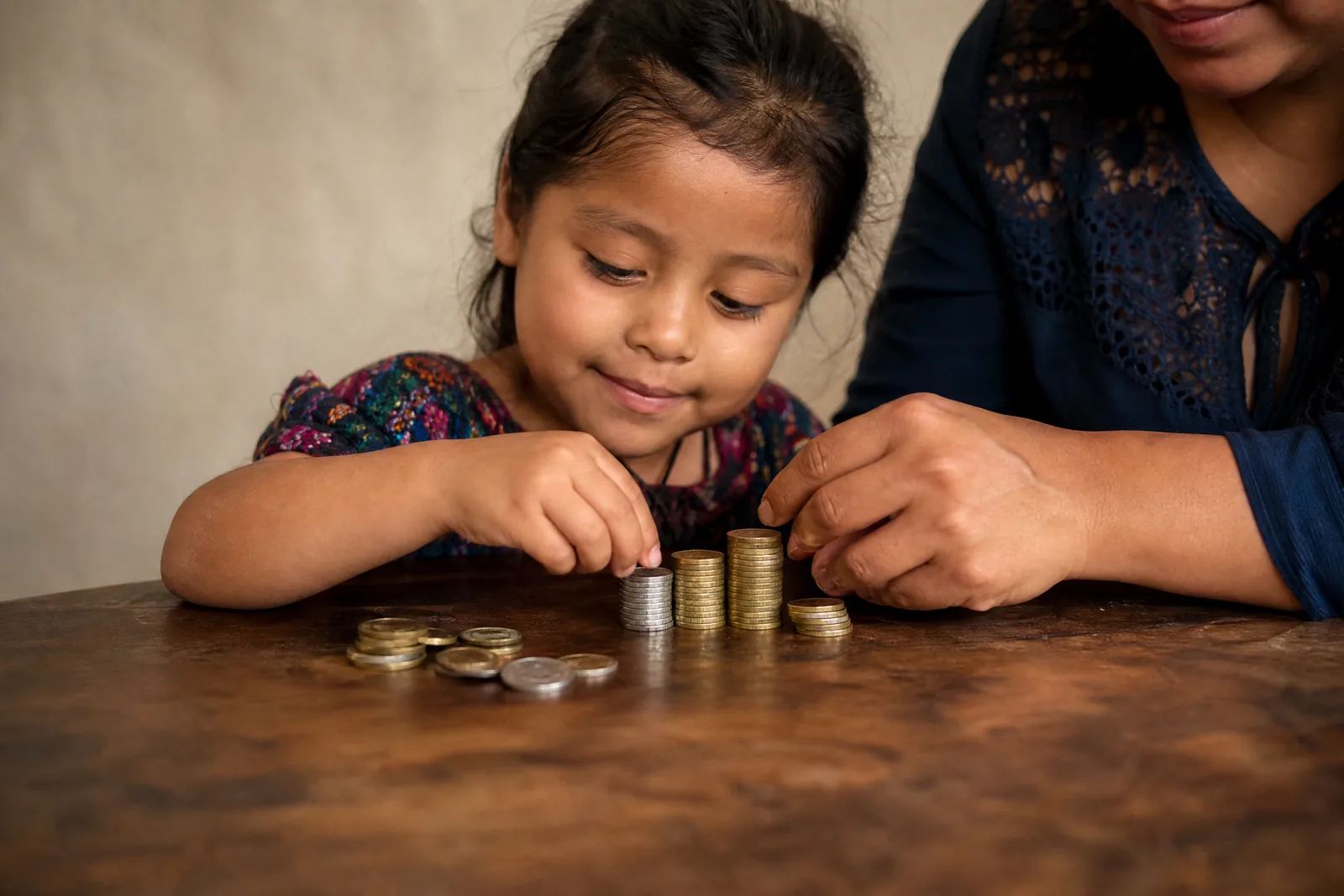 Manos adultas y de un niño apilando monedas