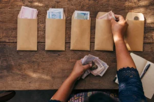 Manos clasificando billetes en sobres de papel sobre una mesa de madera en Guatemala