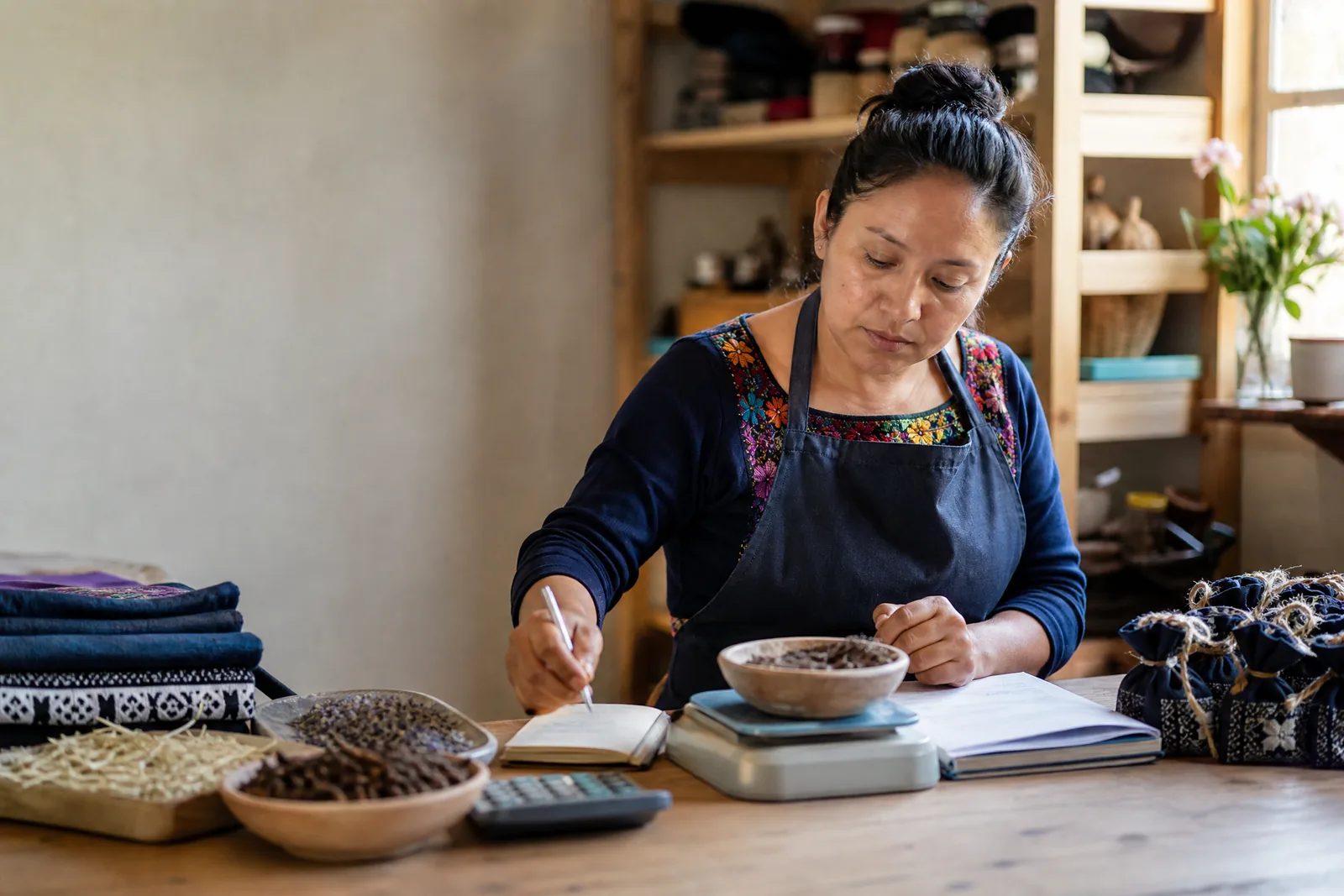 Artesana guatemalteca pesando materia prima y calculando el costo de su producto