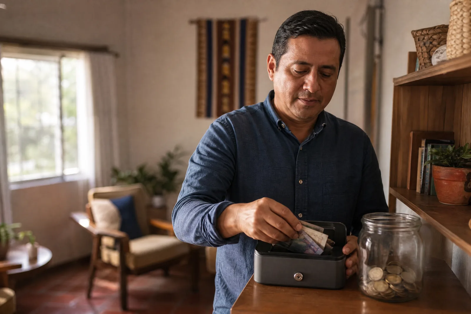 Hombre guardando billetes en una caja fuerte pequeña junto a un frasco de monedas