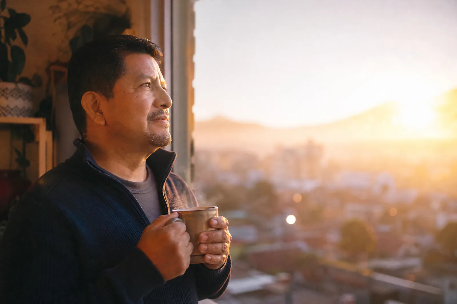 Hombre guatemalteco con una taza contempla el amanecer junto a una ventana