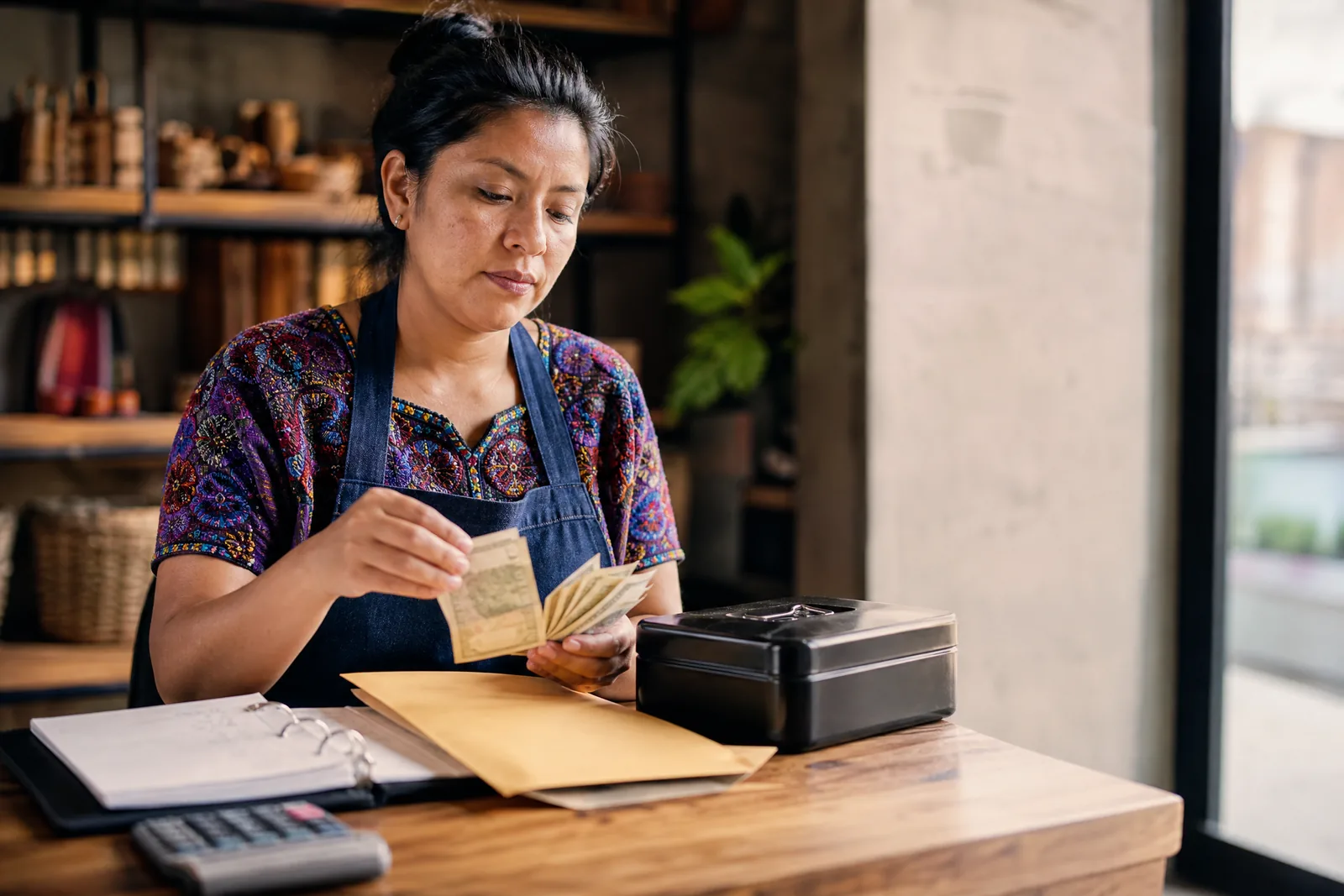 Comerciante guatemalteca contando billetes y guardándolos en un fólder junto a una caja registradora