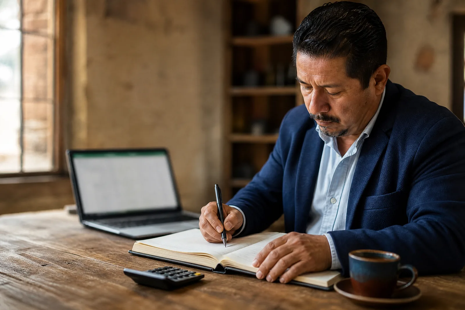 Empresario revisando un libro de cuentas y una calculadora en su escritorio