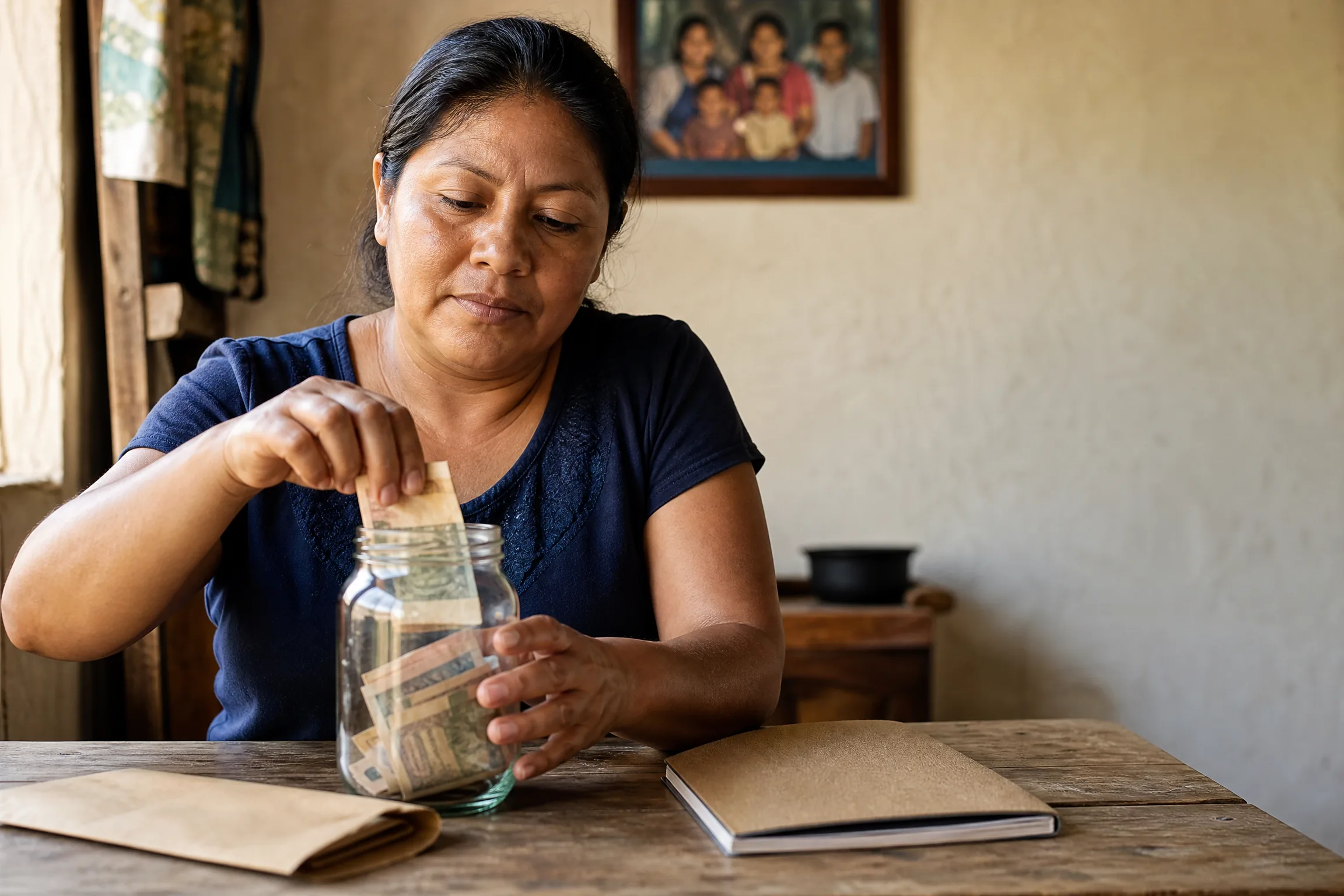 Mujer guatemalteca apartando dinero de una remesa en un frasco de ahorro sobre la mesa de su casa